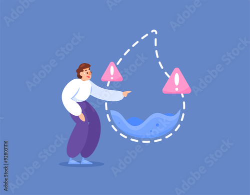 illustration of a man with water and warning sign. body lacks water. daily water needs are not met. thirsty person. water supply is running low. flat style concept design. graphic elements