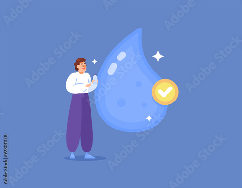 illustration of a man with water symbol. daily water needs are met. world water day. holding a bottle of water. safe, clean and fresh water. flat style concept design. graphic elements