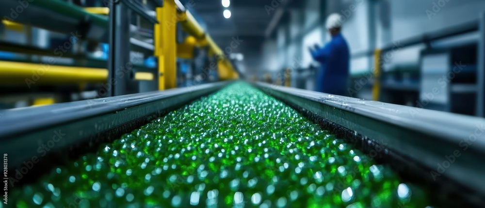 Automated Glass Bottle Production Line in Modern Factory with Worker in Background