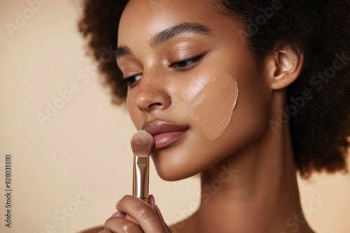 Woman applying foundation on face with brush against beige background, closeup with generative ai
