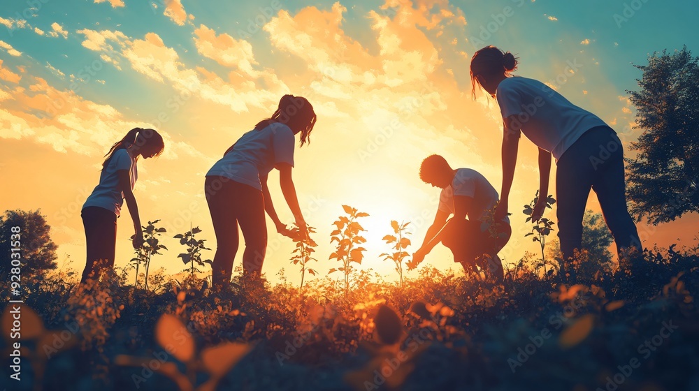 Obraz premium In the evening, the sunset Cultivating Unity Multicultural Group Planting Trees for Environmental Solidarity