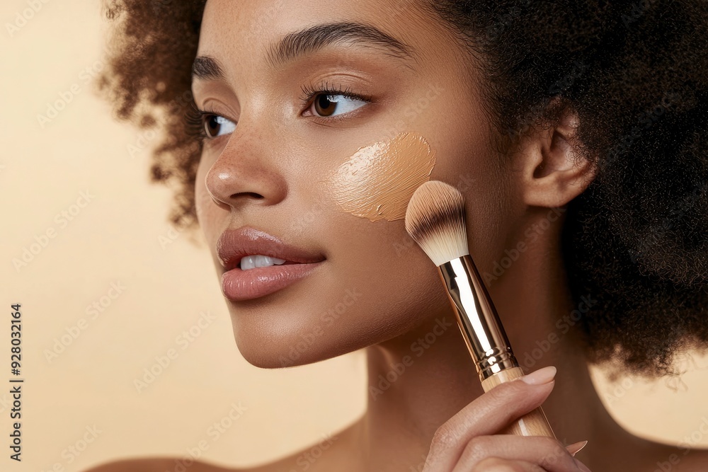 Woman applying foundation on face with brush against beige background, closeup with generative ai Woman applying foundation on face with brush against beige background, closeup with generative ai