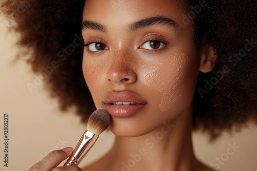 Woman applying foundation on face with brush against beige background, closeup with generative ai