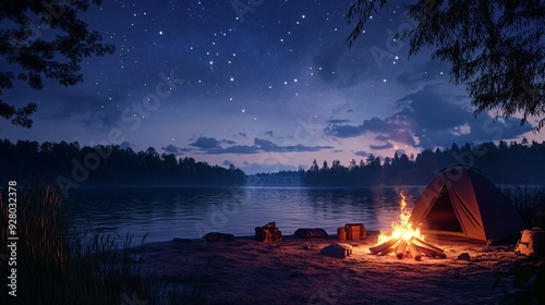 Cozy anime campsite with a flickering bonfire, tent, and gear, overlooking a tranquil lake and mountains under the stars