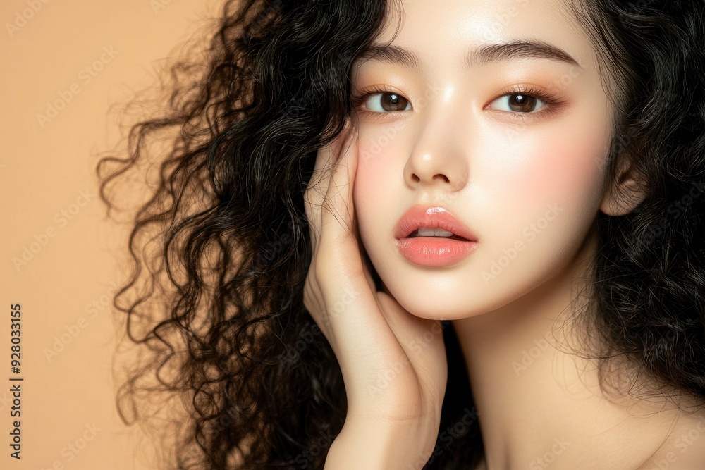 Young Asian beauty woman curly long hair with korean makeup style touch her face and perfect skin on isolated beige background. Facial treatment, Cosmetology, plastic surgery with generative ai Young Asian beauty woman curly long hair with korean makeup style touch her face and perfect skin on isolated beige background. Facial treatment, Cosmetology, plastic surgery with generative ai