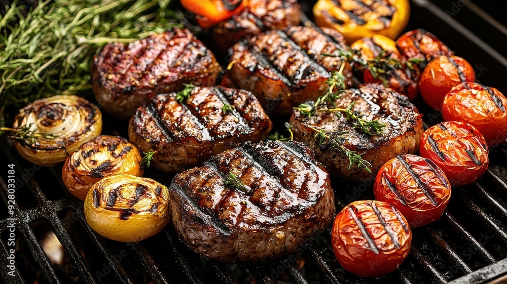 Grilled steak and vegetables on a barbecue, showcasing smoky flavor and perfect char marks, ideal for food lovers and chefs. Grilled steak and vegetables on a barbecue, showcasing smoky flavor and perfect char marks, ideal for food lovers and chefs.
