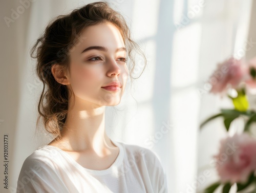 Free Download Serene Young Woman in Natural Light with Soft Focus on Flowers in the Foreground - GFXLoad