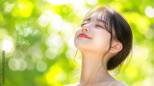 woman sits amid vibrant greenery, eyes closed, breathing deeply, embodying tranquility and harmony with nature. The scene captures introspection, peace, and a profound bond with the earth