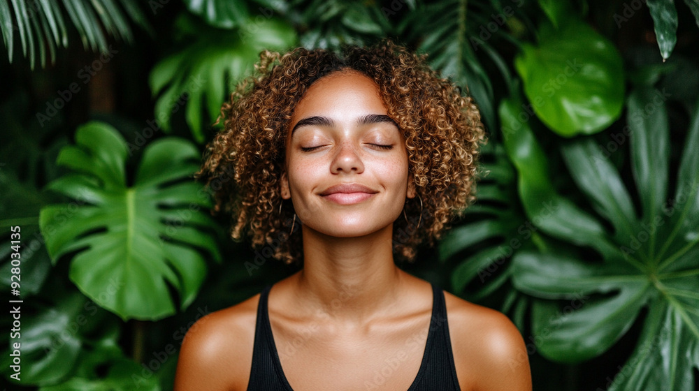 woman sits amid vibrant greenery, eyes closed, breathing deeply, embodying tranquility and harmony with nature. The scene captures introspection, peace, and a profound bond with the earth