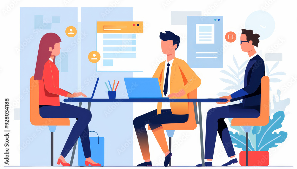 Business meeting with three people sitting at a table. Business meeting with three people sitting at a table.