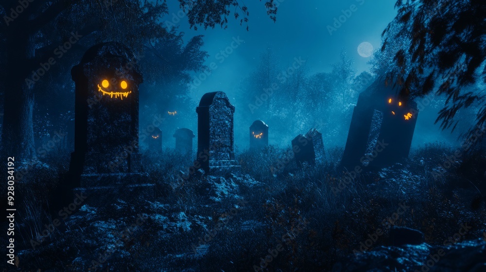 A creepy graveyard at night with old, crooked tombstones, glowing eyes peering from the darkness. Halloween concept A creepy graveyard at night with old, crooked tombstones, glowing eyes peering from the darkness. Halloween concept