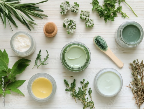 Natural Skincare Products with Fresh Herbs and Creams on Wooden Background for Organic Beauty and Wellness photo