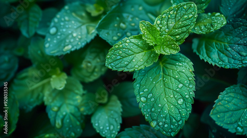 Refreshing close-up of mint leaves covered in morning dew, showcasing their vivid green color and texture