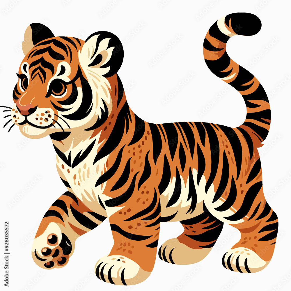 Obraz premium A cute little tiger cub is walking on a white background