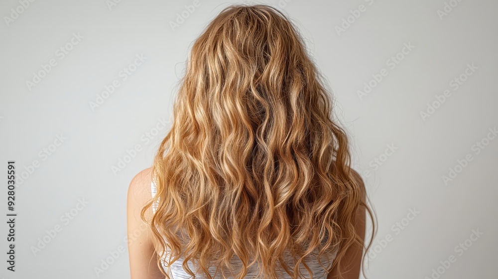 Woman with Long Curly Blonde Hair, Back View, Isolated on White Background