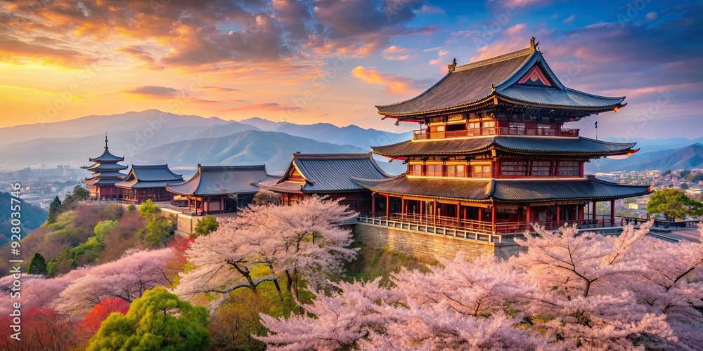 Fototapeta premium Panoramic view of Kiyomizu-dera temple with cherry blossoms and colorful foliage in Kyoto, Japan