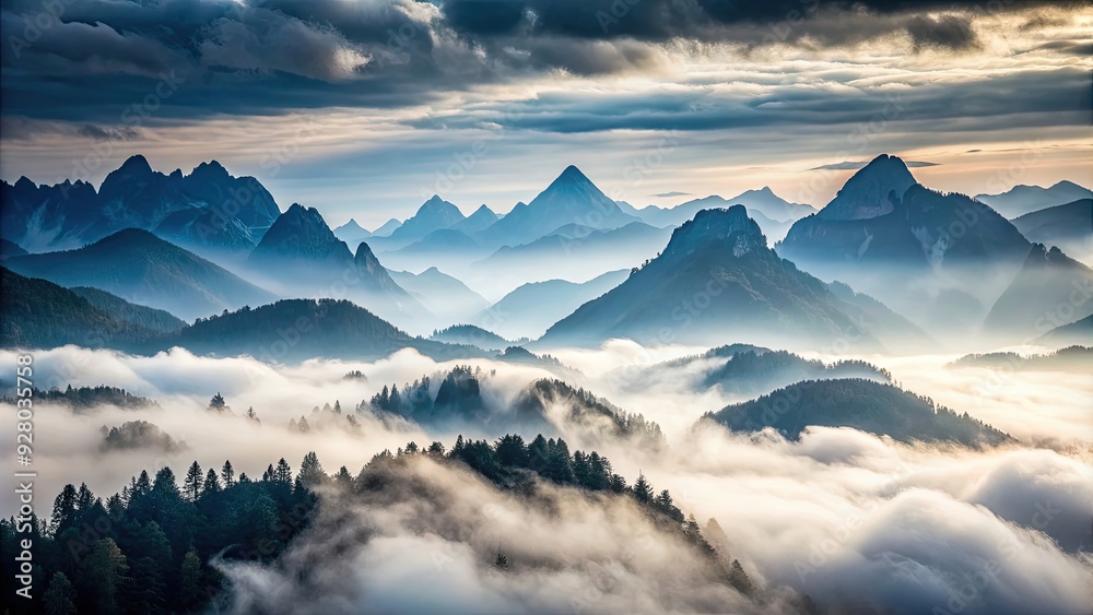 Mountains shrouded in mist under overcast skies, mountains, mist, foggy, overcast, cloudy, dramatic, landscape, nature Mountains shrouded in mist under overcast skies, mountains, mist, foggy, overcast, cloudy, dramatic, landscape, nature