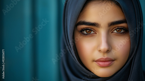 Woman wearing hijab, copy space, looking at the subject with a serious or sad expression