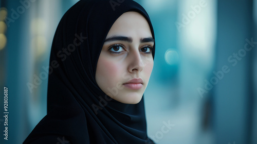 Woman wearing hijab, copy space, looking at the subject with a serious or sad expression