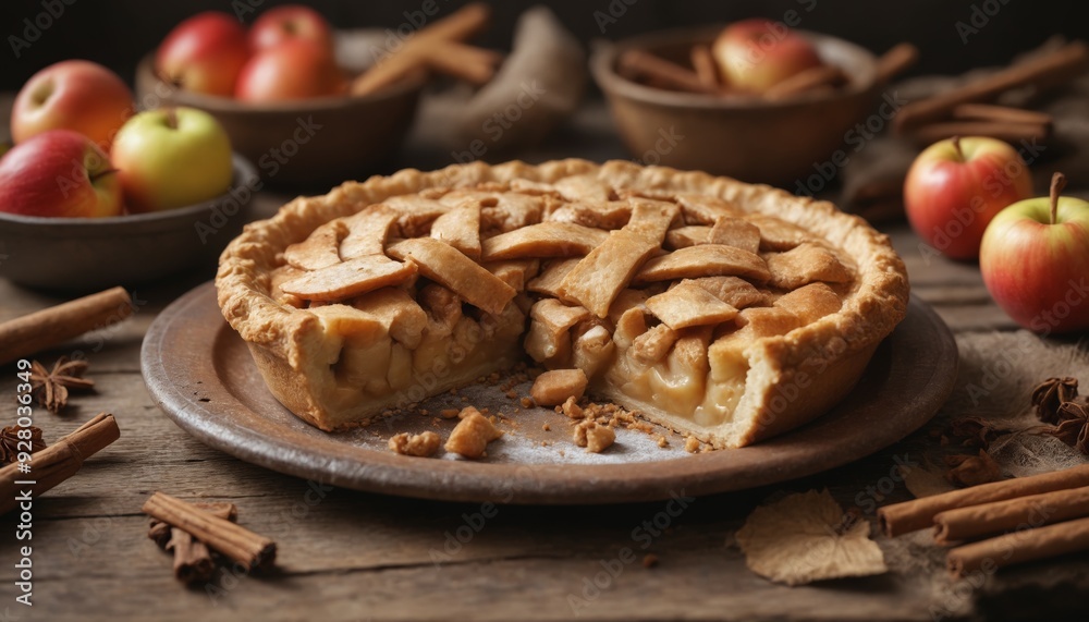 A slice of homemade apple pie with cinnamon and star anise on a rustic wooden table
