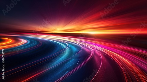 Abstract motion blur of lights against a sunset sky.