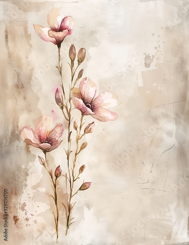 two flowers stem beige background soft sepia tones painted arcane deep color weathered drawing hanging scroll distressed paint photo