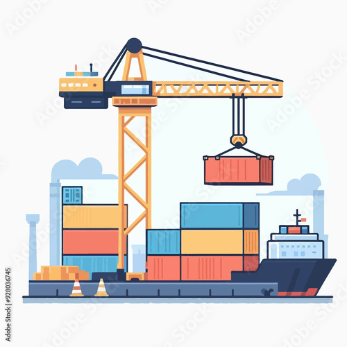 ILLUSTRATIN A large CARGO crane is lifting a container off a ship