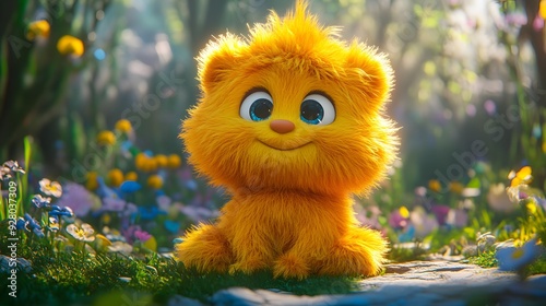 Cute Yellow Furry Cartoon Bear Sitting in a Forest