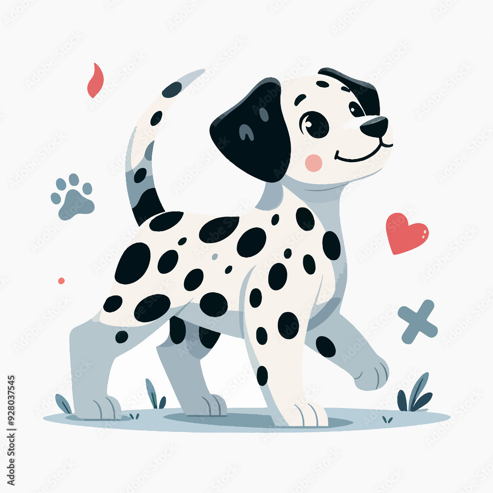 A cartoon dog with black and white spots is walking on grass A cartoon dog with black and white spots is walking on grass
