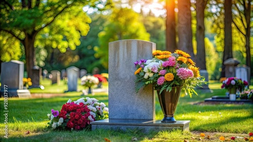 Grave site with fresh flowers and tombstone , cemetery, burial, death, remembrance, mourning, sadness, tomb, headstone #928037977