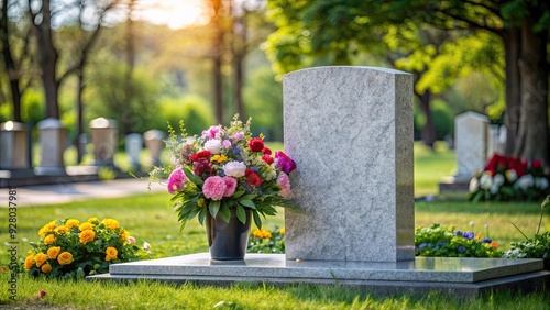 A solemn grave site with fresh flowers and a marble headstone , burial, cemetery, memorial, death, loss, remembrance photo