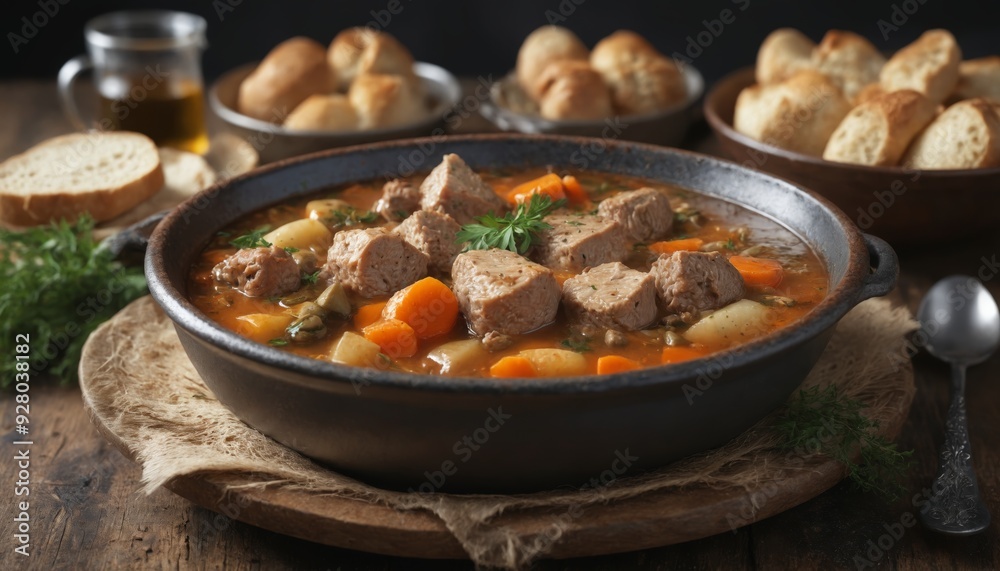 Rustic meatball stew with potatoes, carrots, and parsley, served with crusty bread Rustic meatball stew with potatoes, carrots, and parsley, served with crusty bread