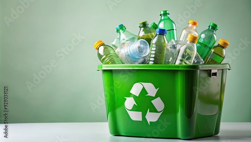 Green recycling bin filled with plastic bottles and waste, recycling, environment, eco-friendly, sustainability, garbage photo