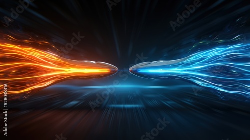 Two spaceships in a dogfight with neon blue and orange trails