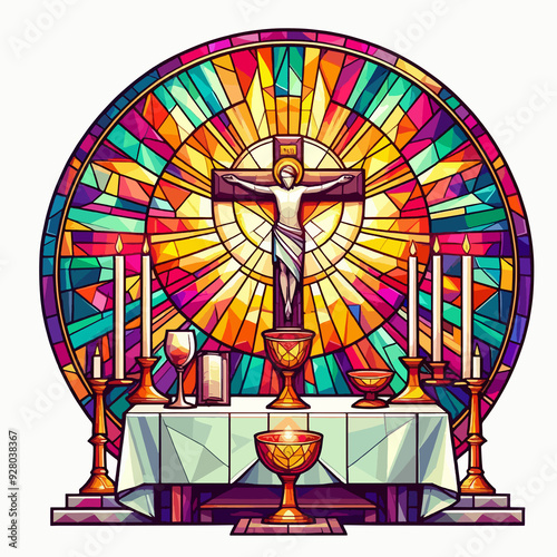 A stained glass window of a cross with a man holding it and candles around it