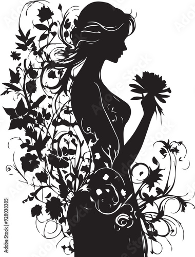 Vintage Floral Vision Woman Face Logo Retro Rose Reverie Black Floral Border Design
