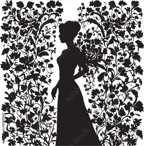 Vintage Floral Vision Woman Face Logo Retro Rose Reverie Black Floral Border Design
