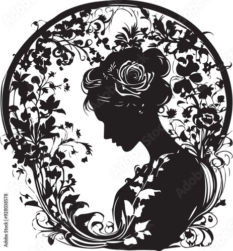 Vintage Floral Vision Woman Face Logo Retro Rose Reverie Black Floral Border Design
