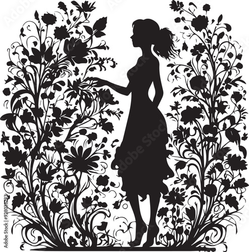 Vintage Floral Vision Woman Face Logo Retro Rose Reverie Black Floral Border Design
