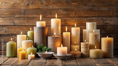 Still life arrangement with candles in various sizes and shapes on a wooden table , candles, wax, flame, burning, glow, ambiance