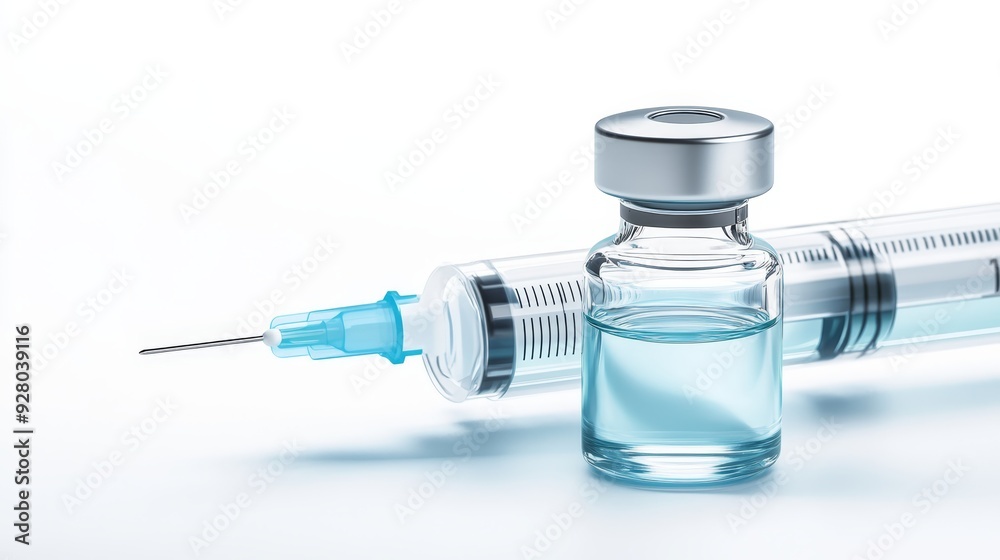 Close-up of syringe with vaccine vial on white Close-up of syringe with vaccine vial on white