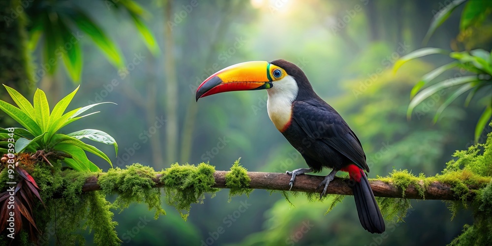 Obraz premium Toucan bird perched on a branch in a lush green forest , tropical, vibrant, colorful, wildlife, nature, exotic, bird, feathers