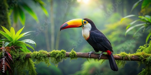 Toucan bird perched on a branch in a lush green forest , tropical, vibrant, colorful, wildlife, nature, exotic, bird, feathers