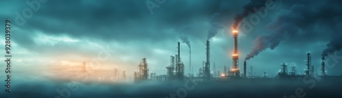 Industrial refinery in fog with smoke stacks