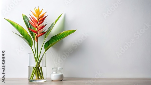 Minimalist botanical composition featuring heliconia rostrata and a bottle brush tree, botanical photo