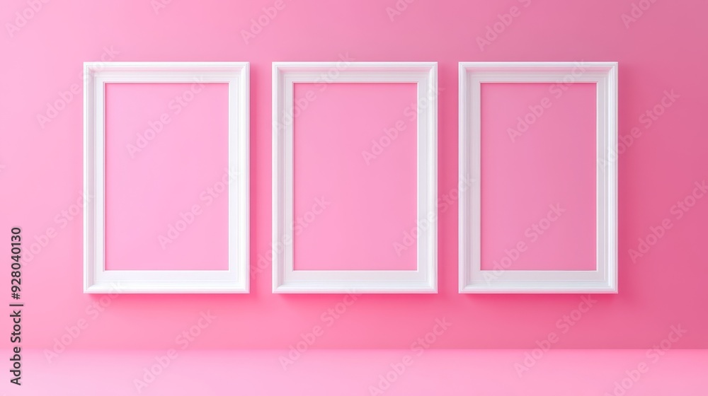 Three white picture frames on pink background Three white picture frames on pink background