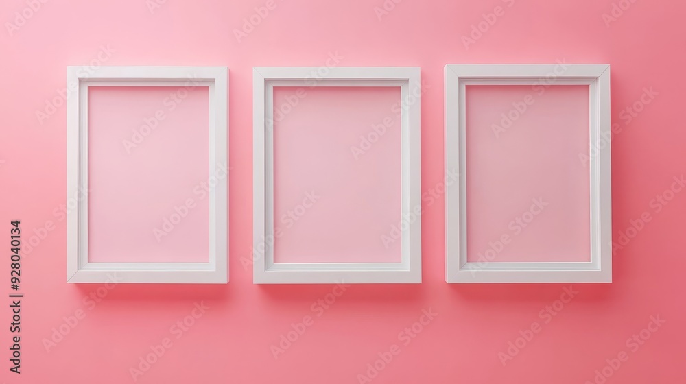 Three white picture frames on pink background