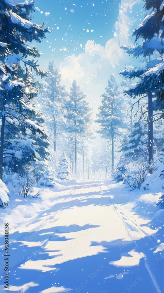 Fototapeta premium Winter's Enchanted Evergreen: Anime-Style Morning in a Snowy Pine Forest, Perfect for Seasonal Celebrations and Travel Posters,anime-style,illustration,Picture BooksFor Poster,Novel,UI,WEB,Game,Design