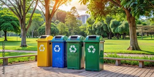 Recycling bins in the park , eco-friendly, sustainability, waste management, outdoor, public space, environment, green