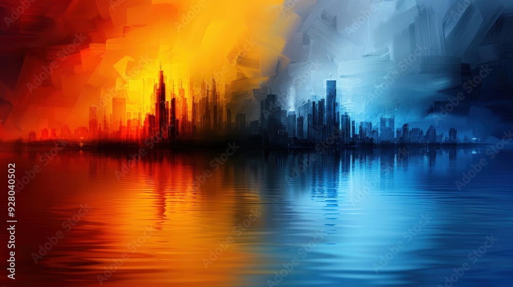 Obraz premium Two abstract cityscapes in conflict with contrasting colors